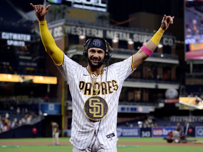 Jun 25, 2021; San Diego, California, USA; San Diego Padres shortstop Fernando Tatis Jr. (23) gestures after the game against the Arizona Diamondbacks at Petco Park